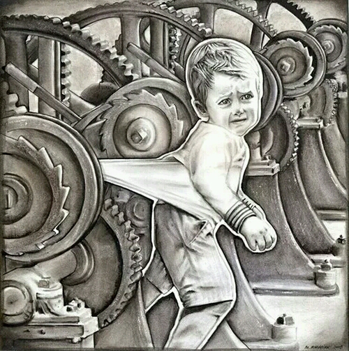 【机械恐惧症】特别怕自己被卷进去,估计看过机器把人手压断过  看见